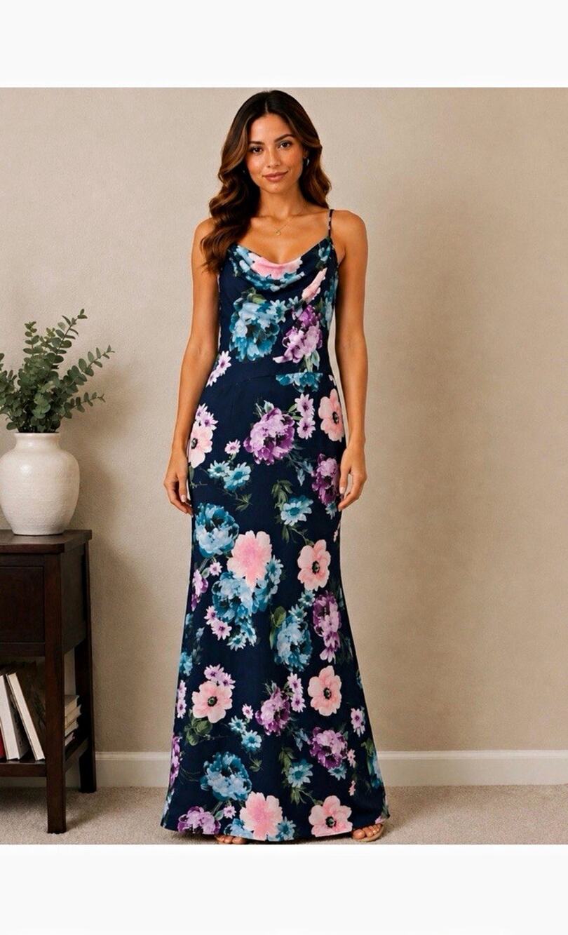 Eliza J Floral Maxi Slip Dress Cowl Neck Spaghetti Strap Lined Size 14